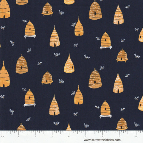 Honey Bee - Bee Hives in Navy (2 1/2 yard cut)